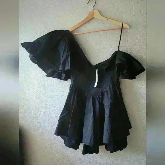 ASOS LUXE one shoulder cotton dress/corset detail & ruffles in black Size 6 - Picture 4 of 5